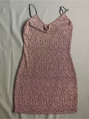 Y2K going out mini dress gold glitter cowl neck